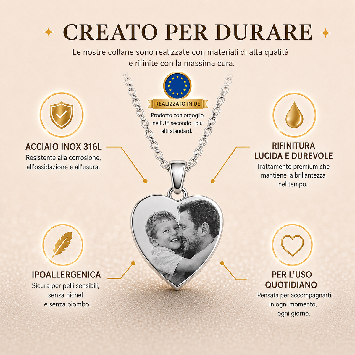 Per Sempre nel mio Cuore - Collana incisa in acciaio inossidabile