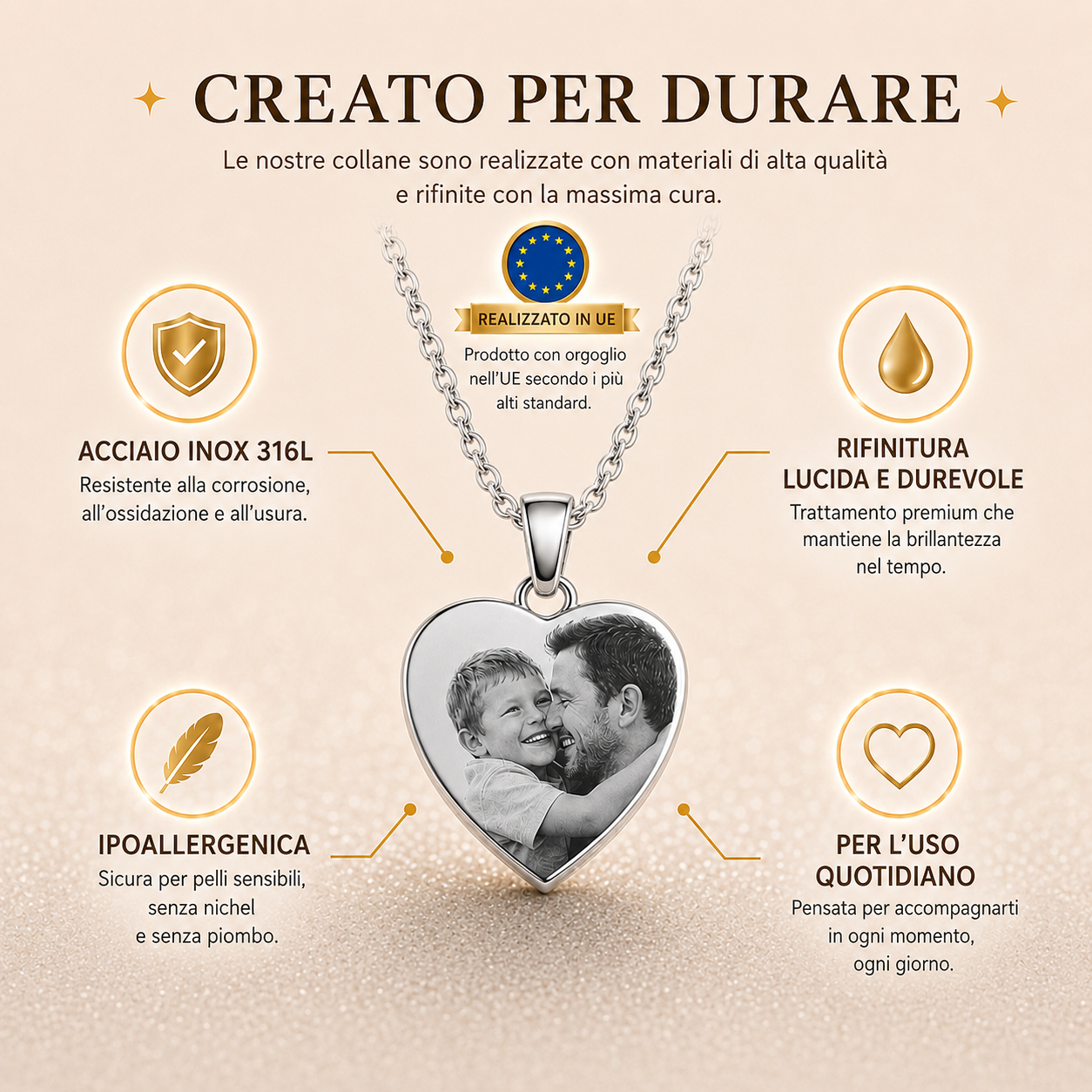 Per Sempre nel mio Cuore - Collana incisa in acciaio inossidabile